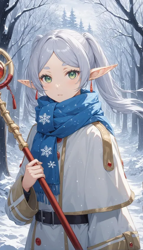 nereirfpnxl, frieren, bare tree, rating:safe, forest, nature, winter, branch, 1girl, solo, pointy ears, staff, elf, snow, earrin...
