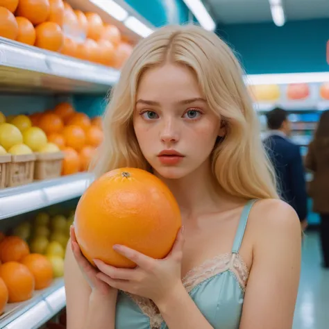 blonde woman holding an orange in front of a store shelf