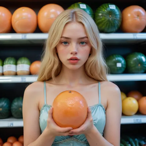 A soviet-era dimly-lit supermarket, a young woman is holding a strange and unusually large glowing grapefruit. The grapefruit is...