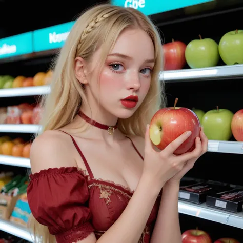 blond woman in red dress holding an apple in front of a store shelf