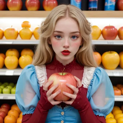 blond woman in a blue dress holding an apple in front of a store shelf