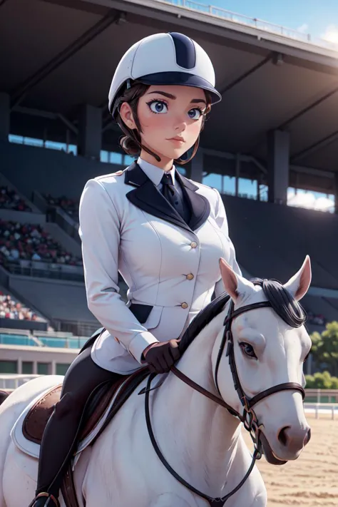 best quality, masterpiece, <lora:more_details:0.3>,<lyco:GoodHands-beta2:1>,a woman, (wearing equitation_outfit, wearing cap:1.1...