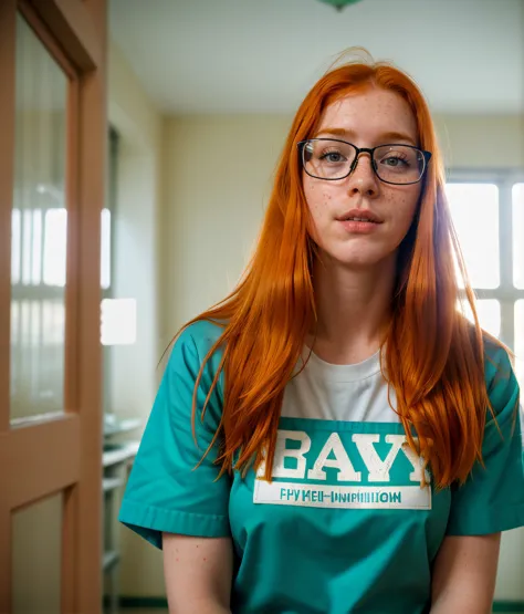 RAW photo of sexy young 20yo beautiful ginger girl, long hair, redhead, glasses, (looking shy:1.3), freckles, detailed face inst...