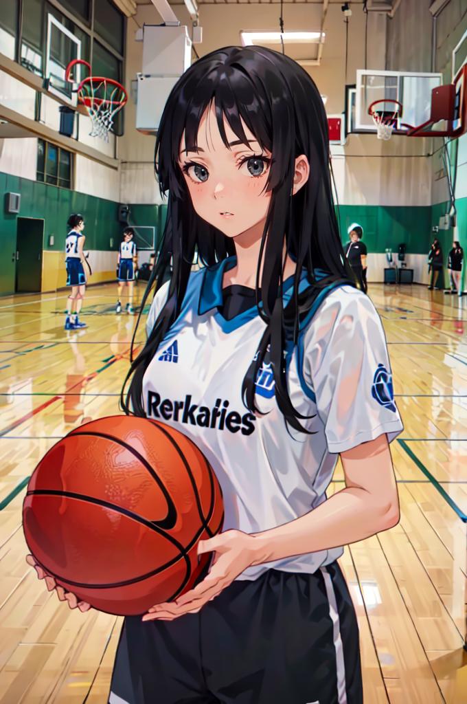 Anime girl holding a basketball ball in a gym - SeaArt AI