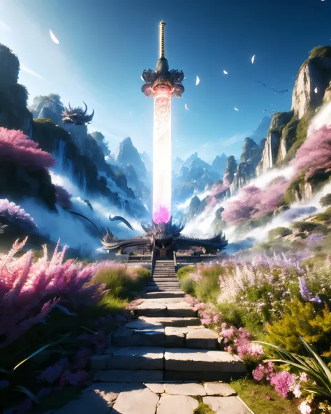 a scene of a fantasy landscape with a tall tower in the middle