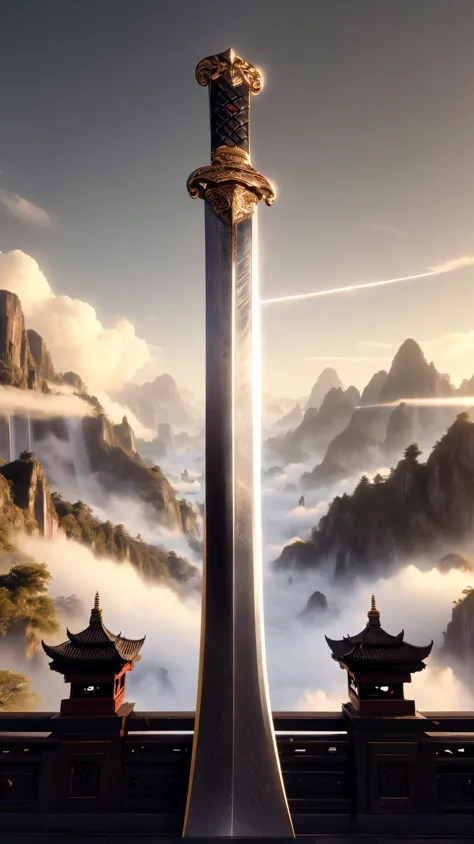 a sword is standing in front of a mountain with clouds