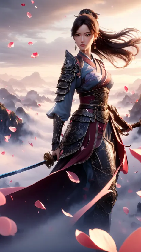 a woman in a full - length outfit holding a sword and standing in the clouds