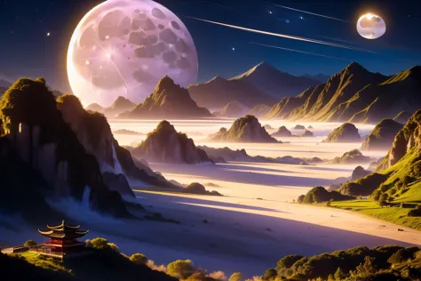 a view of a mountain range with a full moon in the sky