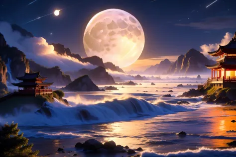 a large full moon is rising over a mountain and a river