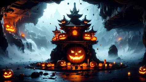 a group of jack o lanterns lit up in front of a cave