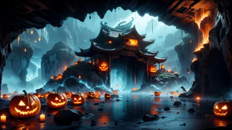 swordism, halloweentechto, scenery, a shot with tension, (no humans, (jack-o'-lantern, deep underground, dark cave, haunted, helll, east asian architecture, green ghosting flame, will-o'-the-wisp \(mythology\)), night, red fog, stalactites, horror \(theme\), dark background:1.4), (masterpiece, top quality, best quality, official art, beautiful and aesthetic:1.2), extreme detailed, epic cinematic, soft nature lights, amazing, hyper detailed, semi realistic, soft colors, <lora:GoodHands-beta2:1> <lora:Swordism_Girl_v2.0:0.7> <lora:halloweenTech-20:0.4> <lora:more_details:0.3>