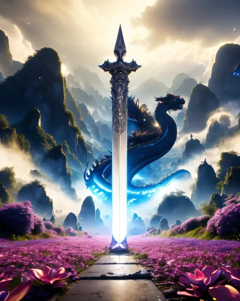 (High Quality:1.4), (Best Quality:1.4), (masterpiece:1.4), official art, official wallpaper, 4k textures,
swordism, (spell, glowing, giant sword stuck into the ground, diagonal, eastern dragon in background:1.5), sky, cloud, flower, petals falling, mountain, 
(detailed:1.05), (extremely detailed:1.06), sharp focus, (intricate:1.03), (extremely intricate:1.04), low contrast, soft cinematic light, soothing tones, HDR, (Epic scenery:1.05), (beautiful scenery:1.05), (detailed scenery:1.05), (intricate scenery:1.05), (wonderful scenery:1.05), <lora:Swordism_Girl_v2.0:0.9> <lora:GoodHands-vanilla:1>