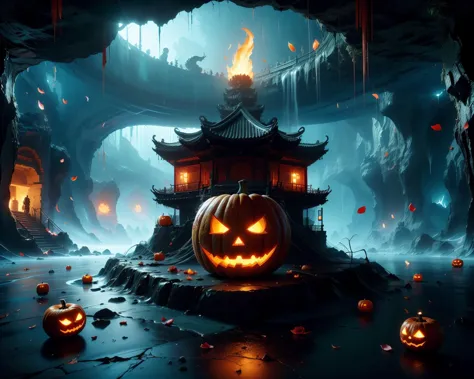 swordism, halloweentechto, scenery, a shot with tension, (no humans, jack-o'-lantern, candle, (deep underground, underworld, dark cave, haunted, hell, east asian architecture, green ghost flame), rose petals falling, red fog, stalactites, horror \(theme\), creepy atmosphere, dark:1.5), green light, red light, (masterpiece, top quality, best quality, official art, beautiful and aesthetic:1.2), extreme detailed, epic cinematic, soft nature lights, amazing, hyper detailed, ultra realistic, soft colors, <lora:GoodHands-beta2:1> <lora:Swordism_Girl_v2.0:0.7> <lora:halloweenTech-20:0.3> <lora:more_details:0.3>