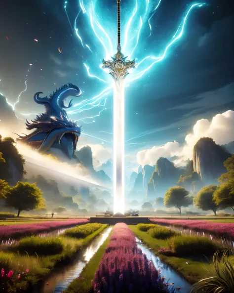 a dragon is flying over a field with a sword in the sky