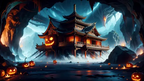 swordism, halloweentechto, scenery, a shot with tension, (no humans, (jack-o'-lantern, deep underground, dark cave, haunted, helll, east asian architecture, green ghosting flame, will-o'-the-wisp \(mythology\)), night, red fog, stalactites, horror \(theme\), dark background:1.4), (masterpiece, top quality, best quality, official art, beautiful and aesthetic:1.2), extreme detailed, epic cinematic, soft nature lights, amazing, hyper detailed, semi realistic, soft colors, <lora:GoodHands-beta2:1> <lora:Swordism_Girl_v2.0:0.7> <lora:halloweenTech-20:0.4> <lora:more_details:0.3>