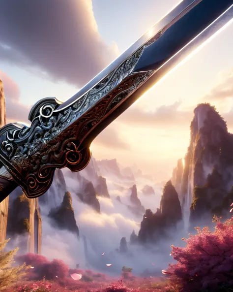 a close up of a sword with a mountain in the background