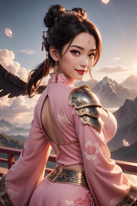 sfw, 1girl, cowboy shot, dynamic pose, 20 years old, beautiful chinese girl, detailed face, asymmetrical bangs, (double buns, hair flower, facing viewer, small face, happy, smile, dimple, brown eyes, lipstick, brush, long winged eye liner, long eyelashes, nose contouring, symmetrical eyes, chiselled jaw line),((large breasts:1.2), defined abs, narrow waist), (pink chinese clothes, armor, shoulder armor, long sleeves, wide sleeves, see-through sleeves, jade necklace, jade bracelet, jade hair stick, forehead mark:1.5), (nice hands, perfect hands), high detail skin, real skin, (blue sky, cloud, mountain, falling petals, flowers, sun light, backlighting:1.4), (masterpiece, top quality, best quality, official art, beautiful and aesthetic:1.2), extreme detailed,((colorful refraction)), (beautiful detailed sky), Life optical flow,((dark intense shadows)), ((cinematic lighting)), ((sharp focus)), ((masterpiece)), ((best quality)), epic cinematic, soft nature lights, rim light, absurd, amazing, funny, itricate, hyper detailed, ultra realistic, soft colors, <lora:anxiang:0.3> <lora:Swordism_Girl:0.4> <lora:GoodHands-vanilla:1> <lora:more_details:0.3>