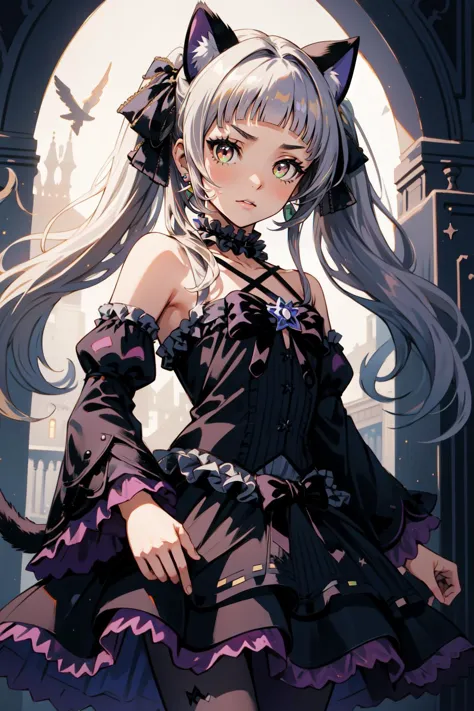 (masterpiece, best quality),  intricate details,
1girl,  <lora:murasaki_shion_v1:0.8> long hair, twintails, hair ribbon, short eyebrows, animal ears, cat tail, earrings, frilled choker, halterneck, black bow, star brooch, bare shoulders, black dress, frilled dress, gothic, detached sleeves, wide sleeves, purple pantyhose,