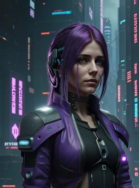 a woman in a futuristic suit with headphones on stands in front of a futuristic city