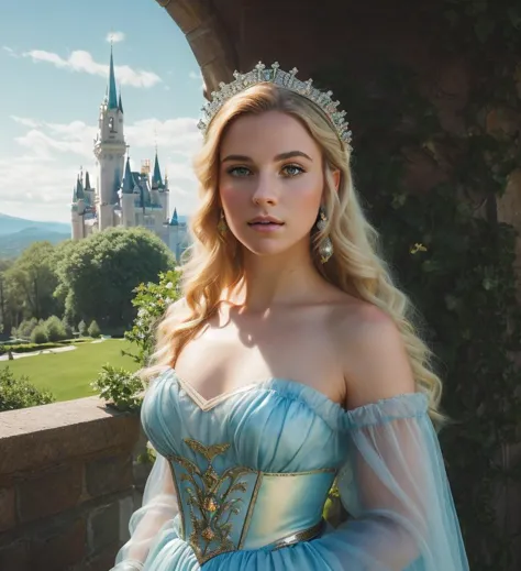 a woman in a blue dress standing in front of a castle