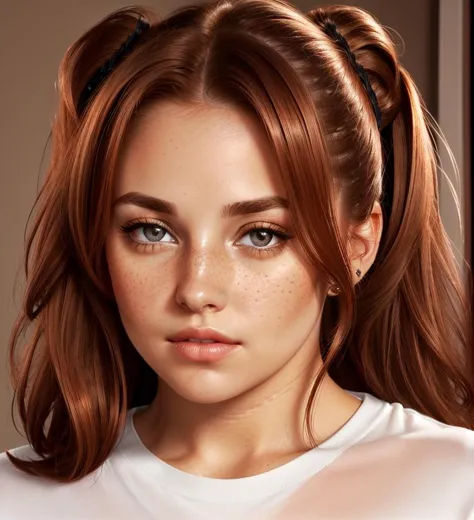 photo,8k,sharp focus,beautiful woman,close up,t-shirt,(detailed eyes:0.8),(looking at the camera:1.4),(highest quality),(best shadow),brown eyes,rim lighting,two tone lighting,dimly lit,low key,intricate details,interior,ponytails,ginger hair:1.3,open mouth:0.7,freckles, <lora:HelenS:1> <lora:x4-upscaler-ema:1>