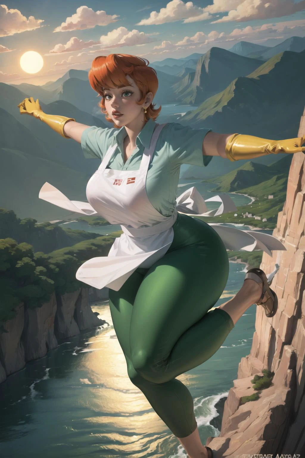 (masterpiece, best quality:1.2), mom (dexter's laboratory), 1girl, solo, apron, jewelry, earrings, gloves, breasts, wide hips, makeup, lipstick, thick thighs, curvy, shirt, large breasts, collared shirt, thighs, short hair, pants, orange hair, short sleeves, mature female, lips, yellow gloves, elbow gloves, green pants, outstretched arms, scenery, sunset, sky, outdoors, cloud, spread arms, landscape, jumping, mountain, river, running, cliff, balancing, water, rock, wide shot, cloudy sky