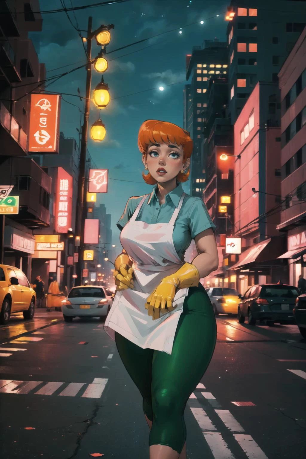 (masterpiece, best quality:1.2), mom (dexter's laboratory), 1girl, solo, apron, jewelry, earrings, gloves, breasts, wide hips, makeup, lipstick, thick thighs, curvy, shirt, large breasts, collared shirt, thighs, short hair, pants, orange hair, short sleeves, mature female, lips, yellow gloves, elbow gloves, green pants, ground vehicle, street, road, motor vehicle, city, outdoors, scenery, sign, car, building, power lines, real world location, people, crosswalk, bicycle, traffic light, blurry, utility pole, road sign, vanishing point, cyberpunk, day, cityscape, walking, crowd, lamppost, standing, photo background