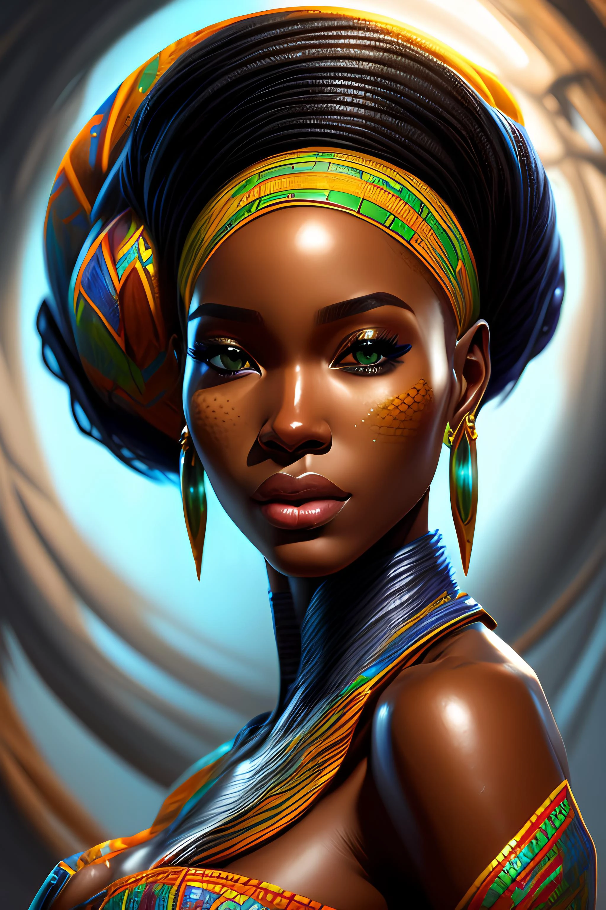 a beautiful african woman, Bright, Highly detailed, Digital painting, Artstation, Concept art, Sharp focus, Illustration, by ross tran and vicente romero