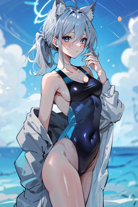(masterpiece:1.2), best quality,PIXIV,Shiroko ,
1girl, breasts, solo, swimsuit, one-piece swimsuit, animal ears, shiroko (swimsuit) (blue archive), cross hair ornament, halo, competition swimsuit, animal ear fluff, medium breasts, looking at viewer, blue e...