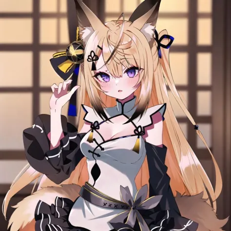 anime girl with long blonde hair and black and white outfit