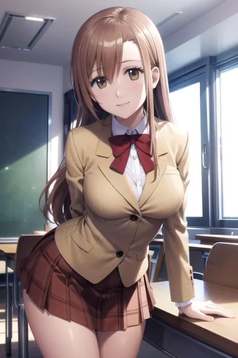(extremely detailed CG unity 8k wallpaper), (masterpiece), (best quality), (ultra-detailed), (best illustration), (best shadow), (absurdres), 1girl, solo, <lora:aria:0.8>, aria shichijou, school uniform, looking at viewer, smile, arms behind back, leaning ...