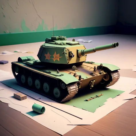 a (papercarvingcd, paper sculpture) tank, toy model, (solo:1.2), <lora:papercarvingcd-000005:0.9>, no humans, high quality, masterpiece, realistic, photorealistic, (indoors, on table)