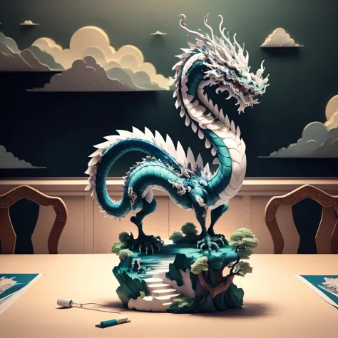 there is a dragon statue on a table with a table cloth