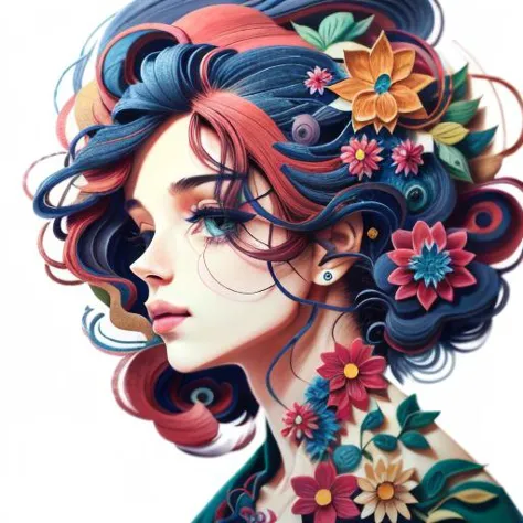 a woman with colorful hair and flowers in her hair