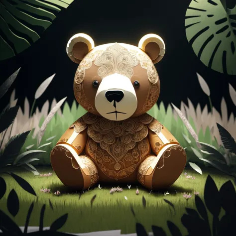 a (papercarvingcd, paper) bear, sitting on lawn, (solo:1.2), <lora:papercarvingcd-000004:1.0>, no humans, high quality, masterpiece, realistic, photorealistic, (outdoors, lawn)