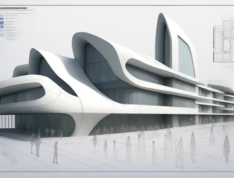 real-estate  perspective of conceptual style architecture <lora:Architectural_:1>, Swedish architecture ((School building)) , Zaha Hadid style , detailed working drawings