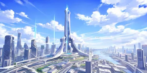 futuristic city with a futuristic bridge and a futuristic skyscraper