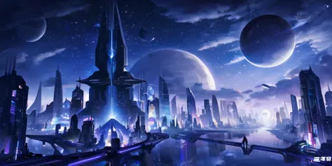 science fiction,outdoors,sky,artist name,cloud,no humans,night,moon,cloudy sky,building,star (sky),night sky,scenery,starry sky,city,aircraft,fantasy,cityscape,planet,skyscraper,spacecraft,city lights