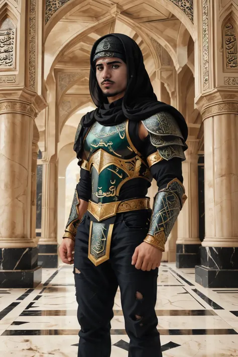 male focus, <lora:fmounshed-14:0.75>  fmounshed, facial hair, Jean-Léon Gérôme style, digital illustration, looking at viewer, mysterious expression, (ethereal abstract islamic art), BREAK <lora:Clothing - Gold Black Marble Armor:0.8> marb1e4rmor, marble islamic armor