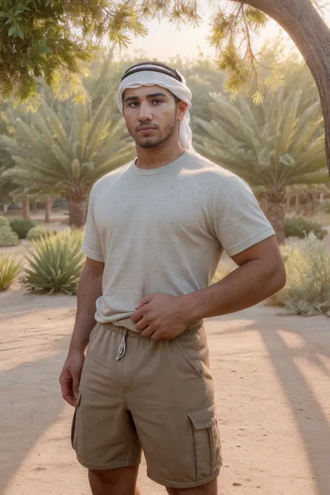 Foto eines Mannes aus Florida, der Cargo-Shorts trägt, bare legs, und Turnshirt, (keffiyeh) BREAK natürliches, weiches Licht, das durch die Bäume gefiltert wird, üppige Oase am Rande einer Wüste, Goldene Stunde