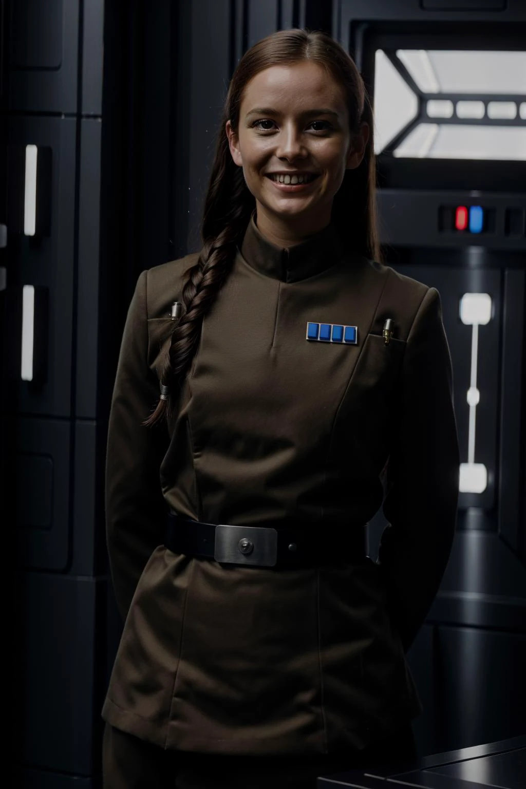 young woman with long hair in imperialofficer uniform smiling ,in a interrogation room, 8k uhd, dslr, soft lighting, high quality, film grain,masterpiece quality,Fujifilm 