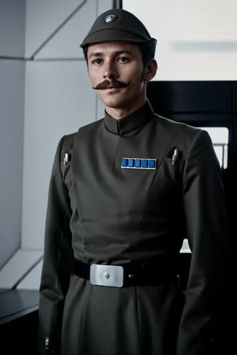 young man with a moustache in imperialofficer uniform ,in a spaceship, 8k uhd, dslr, soft lighting, high quality, film grain,masterpiece quality,Fujifilm <lora:ImpofficerV2:0.8>