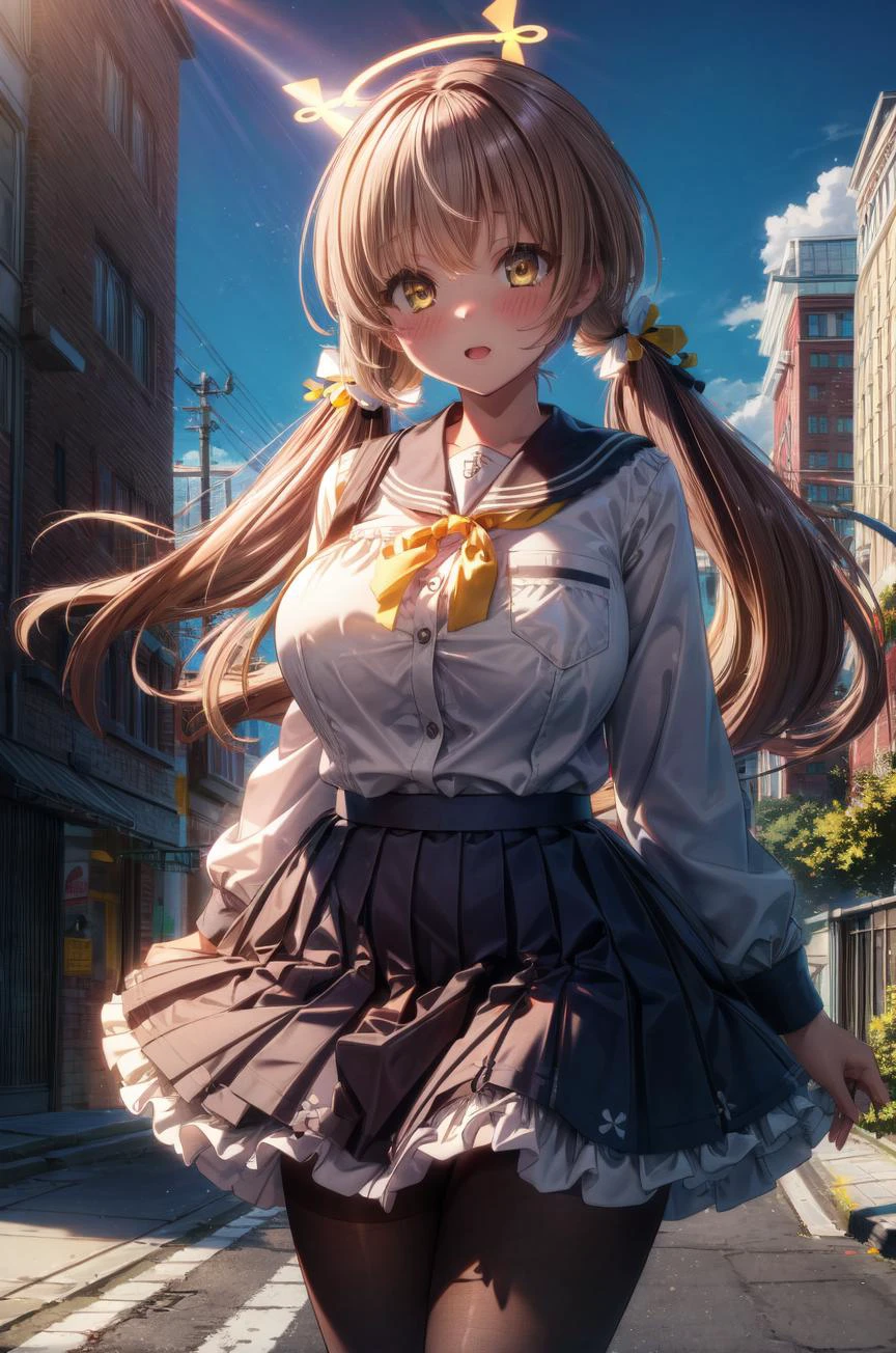 (volumetric lighting, Highres), (Detailed Illustration), Ultra-Detailed, 8k, nsfw, 1girl, solo, (masterpiece, best quality), highly detailed background, outdoors, street, blush, thick thighs, hifumi, yellow eyes, light brown hair, bangs, long hair, low twintails, tied, hair ribbon, halo, huge breasts, , long sleeves, sailor collar, yellow ribbon, bow, blue skirt, pleated skirt, frilled skirt, frills, black pantyhose, standing, long sleeves, hands on pocket 
