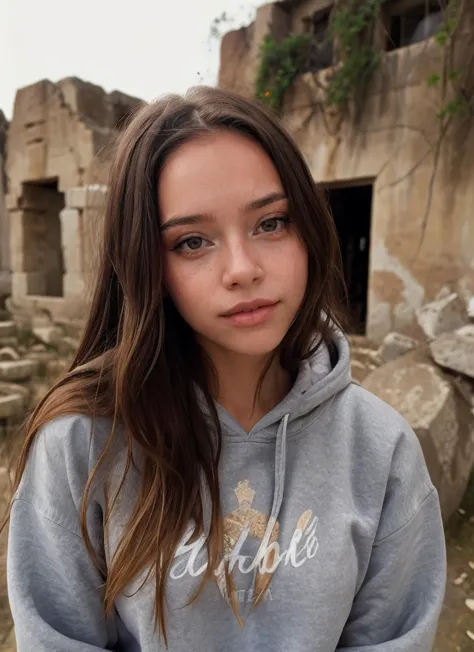 portrait of 1girl, wearing Sweatshirt, at ruins, ancient structures, weathered stones, historical, Kat3Kuray,  <lora:Kat3Kuray:0.75>