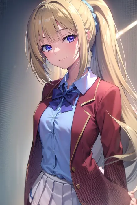 anime girl with long blonde hair and blue eyes in a red jacket