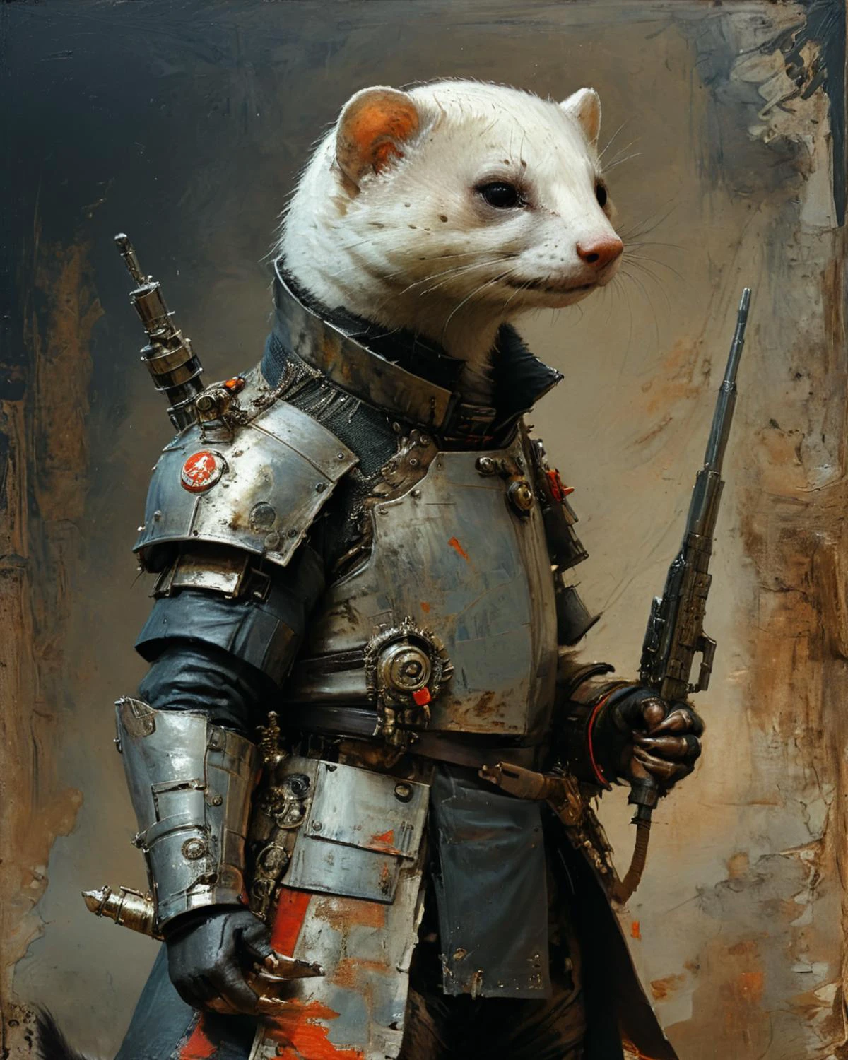 armored and armed anthropomorphic ferret, fenliexl,  in the style of Nicola Samori, John Berkey Style page