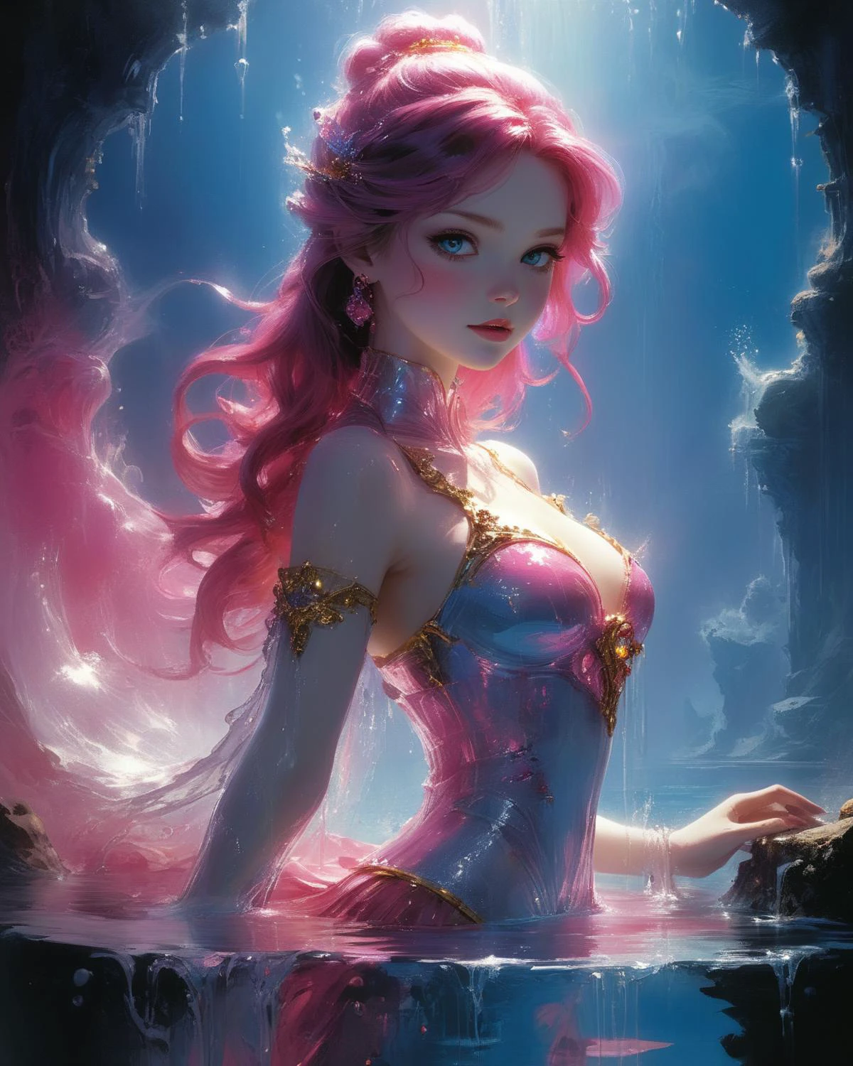 full body air elemental of transparent water with a blue and white tinge, (reflected light:1.5), golden eyes, fountain with splashing water, (chiaroscuro:1.4), hyper realistic photo, hot pink, bioluminescence, transparency, John Berkey Style page, disney princess