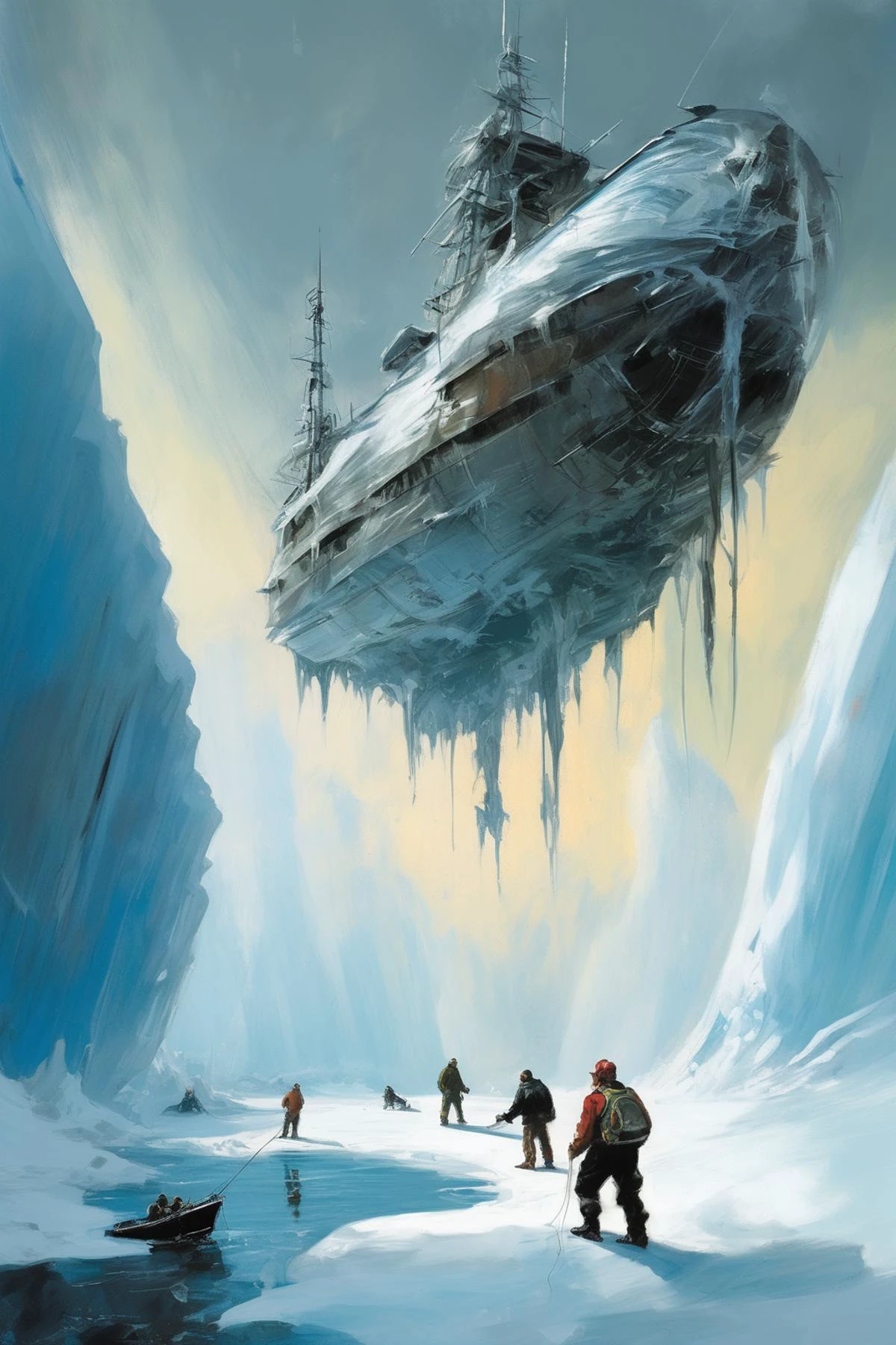 Стиль Джона Берки - нарисованное от руки изображение крепкого мужчины-рыбака, находящего замерзший инопланетный корабль, застрявший в леднике, в художественном стиле Джона Берки.