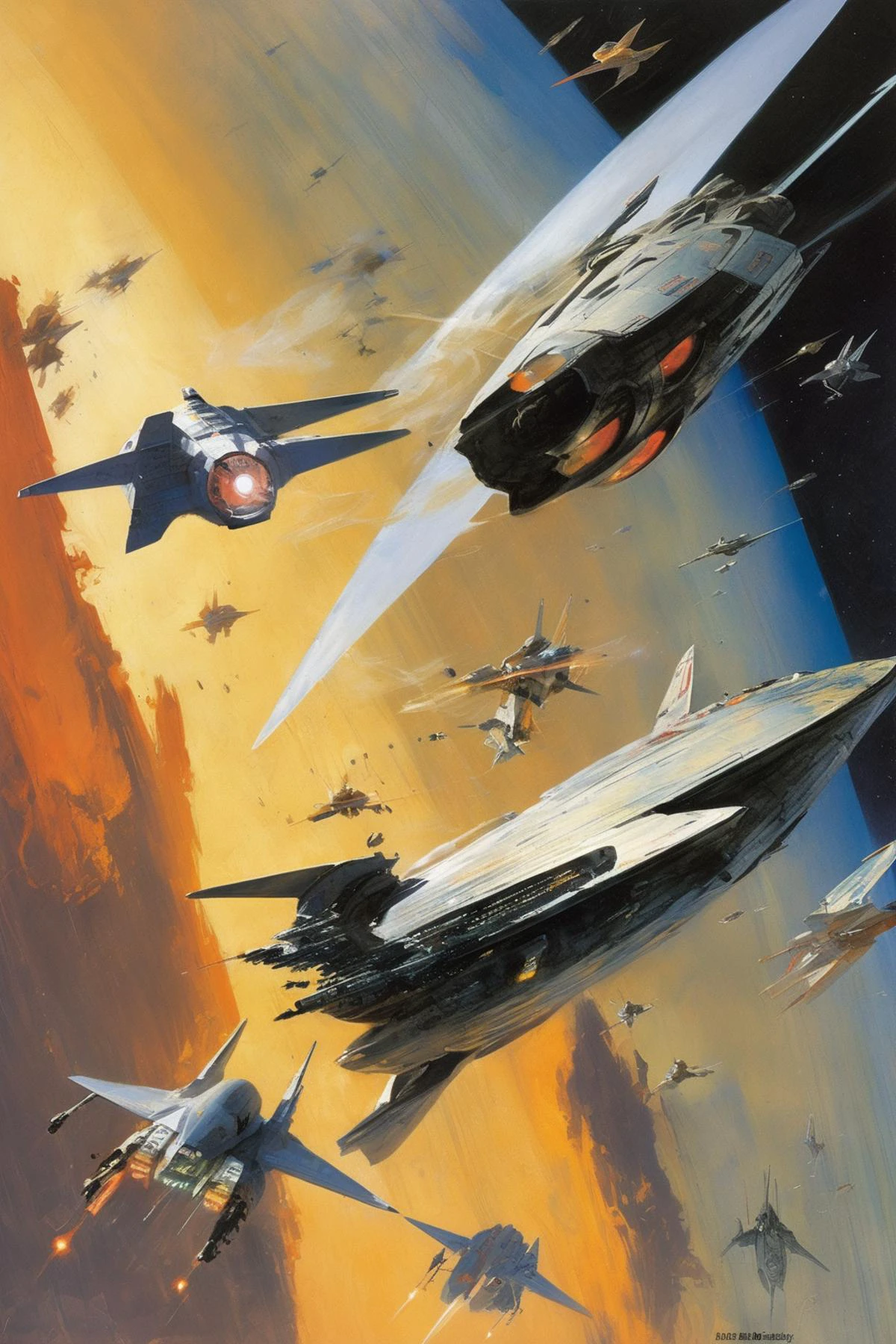 John Berkey Style - spacecraft fighter battle scene between sleek modern fighter in john harris spaceship style, and a spaceship fighter in style of robert McCall 1970s