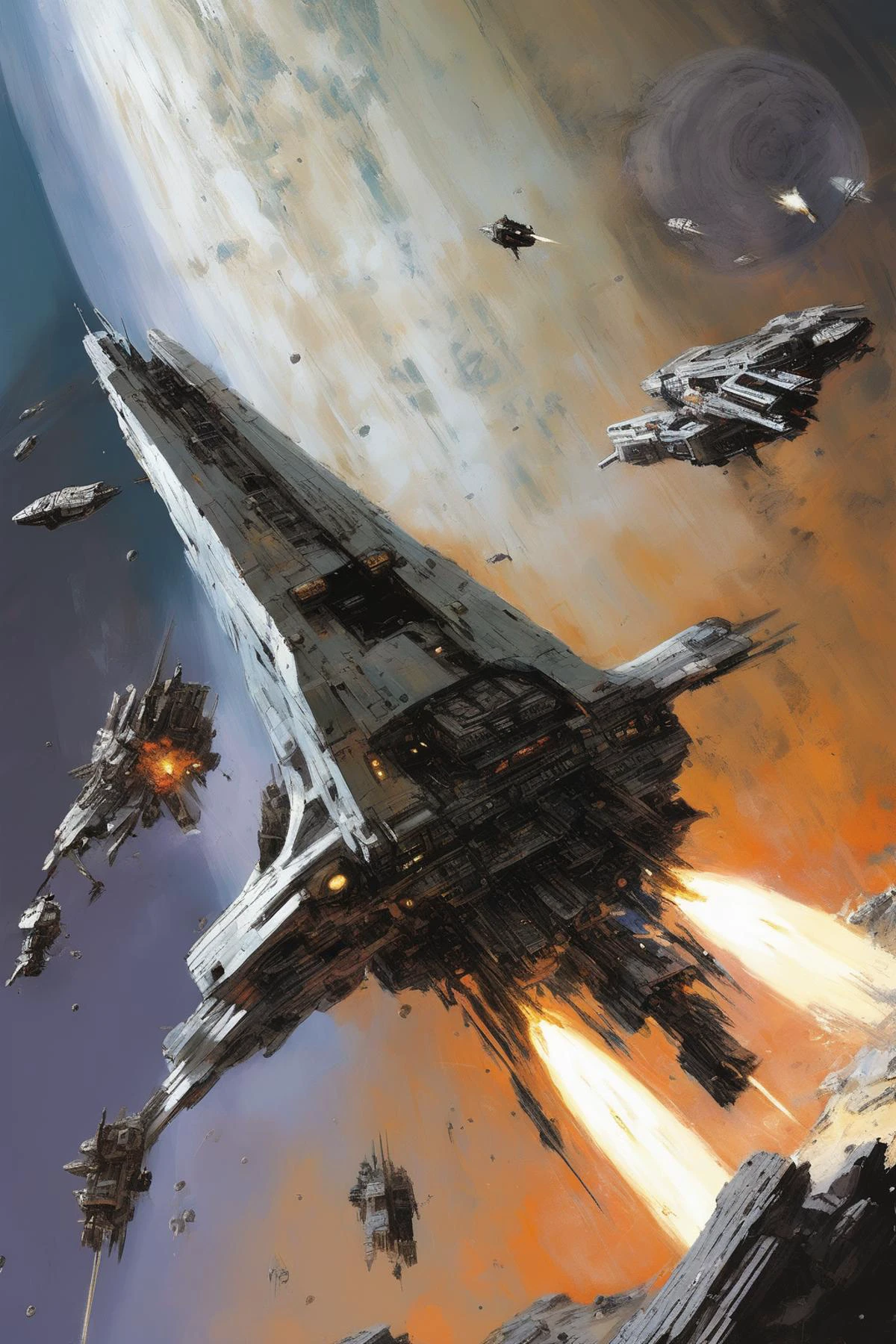 Estilo John Berkey: una nave espacial acorazada plateada dañada que dispara armas en una batalla espacial masiva, frente a un planeta que se desmorona al estilo de john berkey en perspectiva de tres cuartos